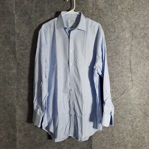 TM Lewin Dress Shirt Men 17.5 36 Light Blue Gingham Non Iron Regular Fit Classic